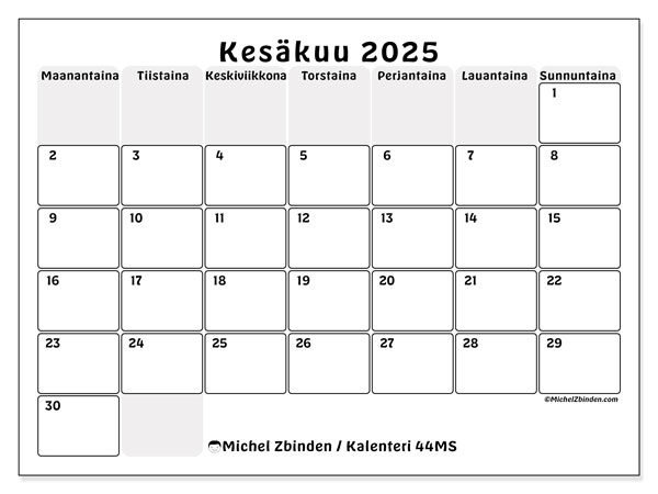 Kalenteri kesäkuu 2025, 44SL. Ilmainen tulostettava kartta.