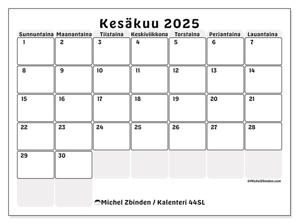 Kalenteri kesäkuu 2025 “44”. Ilmainen tulostettava kartta.. Sunnuntaista lauantaihin