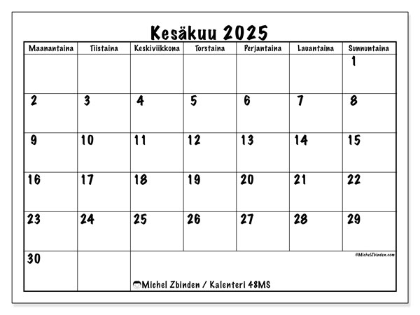 Tulostettava kalenteri, kesäkuu 2025, 48MS