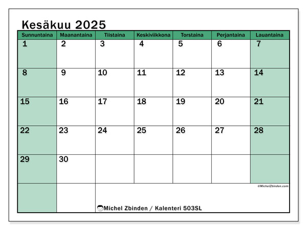 Tulostettava kalenteri, kesäkuu 2025, 503SL