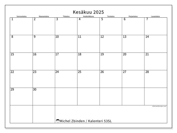 Kalenteri kesäkuu 2025 “53”. Ilmainen tulostettava kartta.. Sunnuntaista lauantaihin