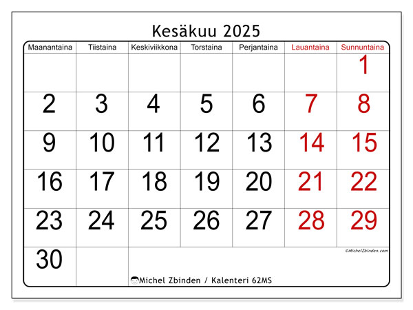 Tulostettava kalenteri, kesäkuu 2025, 62MS