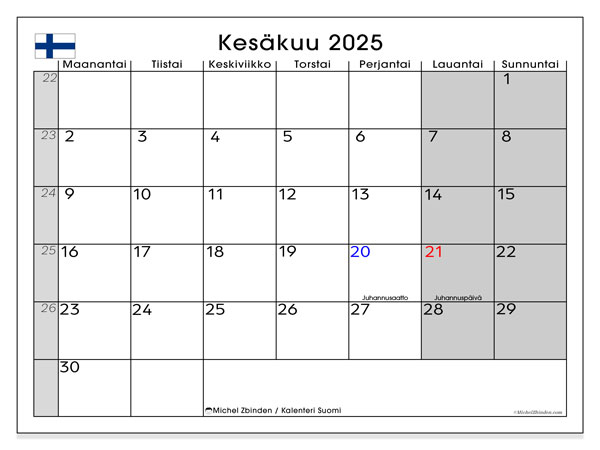 Kalender zum Ausdrucken, Juni 2025, Finnland (FI)