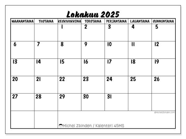 Tulostettava kalenteri, lokakuu 2025, 45MS