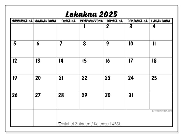 Tulostettava kalenteri, lokakuu 2025, 45SL