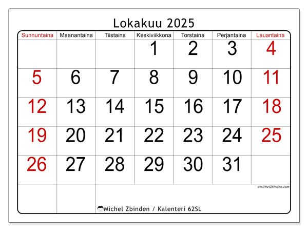 Tulostettava kalenteri, lokakuu 2025, 62SL