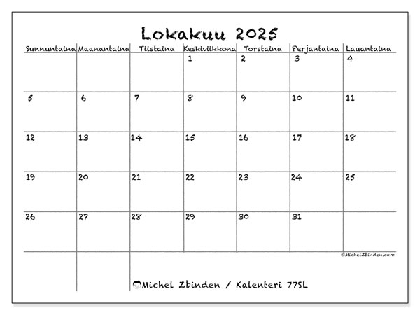 Tulostettava kalenteri, lokakuu 2025, 77SL