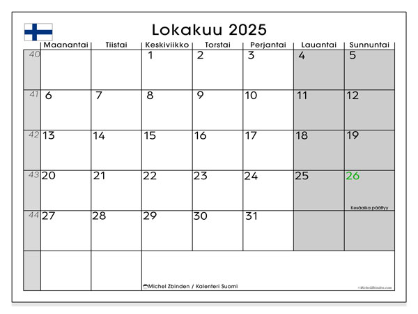 Kalendarz do druku, październik 2025, Finlandia (FI)