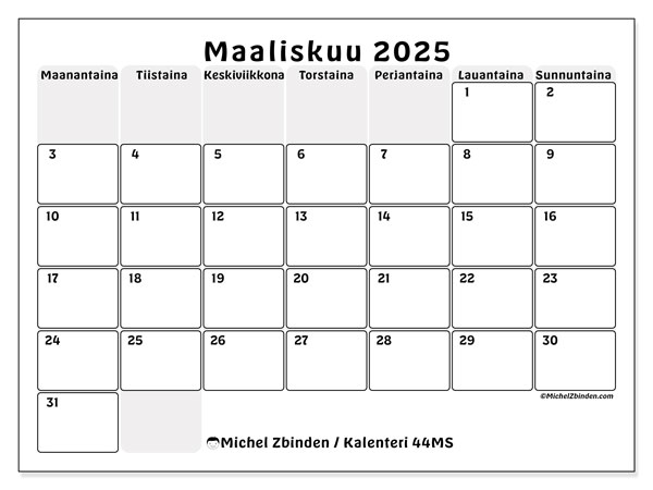 Kalenteri maaliskuu 2025 “44”. Ilmainen tulostettava lehti.. Maanantaista sunnuntaihin