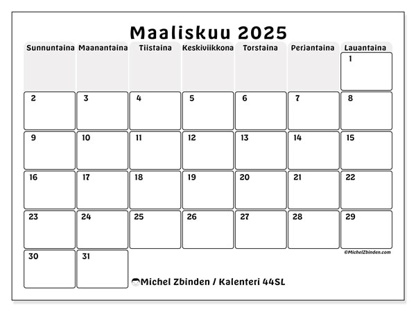 Kalenteri maaliskuu 2025 “44”. Ilmainen tulostettava lehti.. Sunnuntaista lauantaihin
