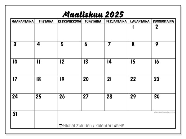 Kalenteri maaliskuu 2025 “45”. Ilmainen tulostettava lehti.. Maanantaista sunnuntaihin