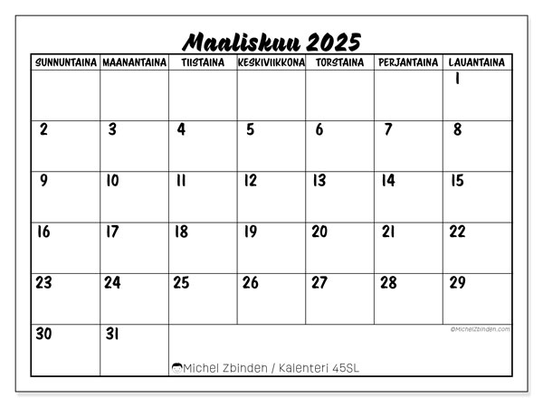 Kalenteri maaliskuu 2025 “45”. Ilmainen tulostettava lehti.. Sunnuntaista lauantaihin