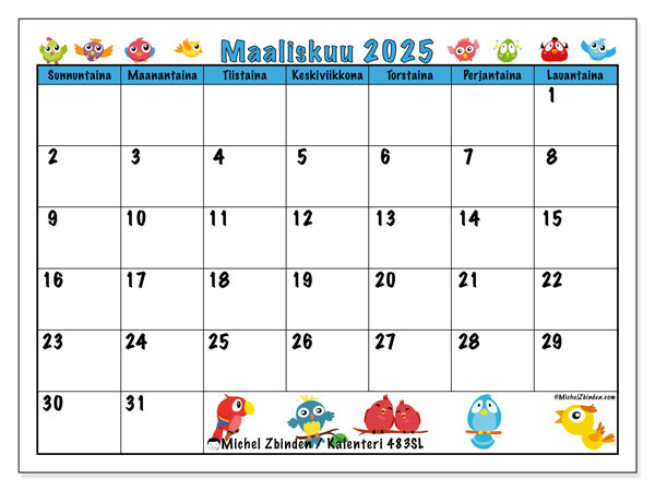 Kalenteri maaliskuu 2025 “483”. Ilmainen tulostettava aikataulu.. Sunnuntaista lauantaihin