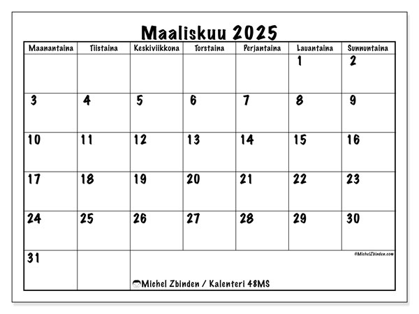 Kalenteri maaliskuu 2025 “48”. Ilmainen tulostettava kalenteri.. Maanantaista sunnuntaihin
