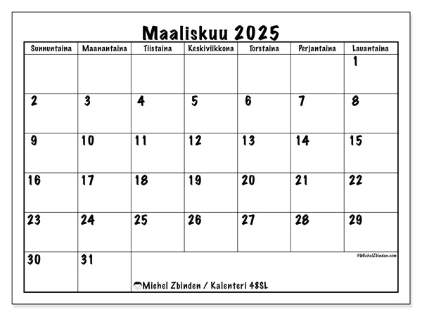 Kalenteri maaliskuu 2025 “48”. Ilmainen tulostettava ohjelma.. Sunnuntaista lauantaihin