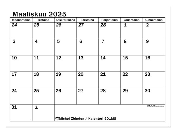 Kalenteri maaliskuu 2025 “501”. Ilmainen tulostettava kalenteri.. Maanantaista sunnuntaihin