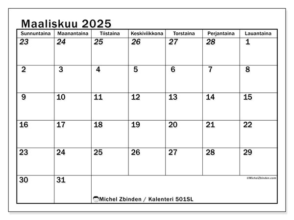 Kalenteri maaliskuu 2025 “501”. Ilmainen tulostettava kartta.. Sunnuntaista lauantaihin