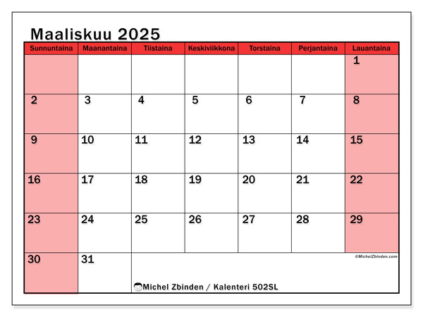 Kalenteri maaliskuu 2025 “502”. Ilmainen tulostettava lehti.. Sunnuntaista lauantaihin