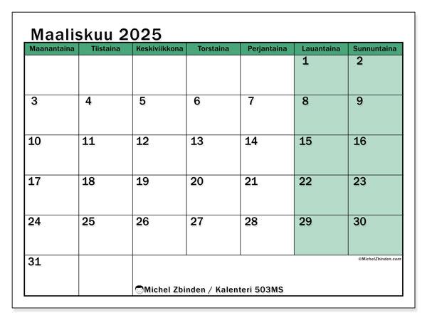 Kalenteri maaliskuu 2025 “503”. Ilmainen tulostettava aikataulu.. Maanantaista sunnuntaihin