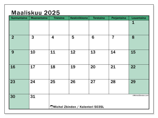 Kalenteri maaliskuu 2025 “503”. Ilmainen tulostettava kalenteri.. Sunnuntaista lauantaihin