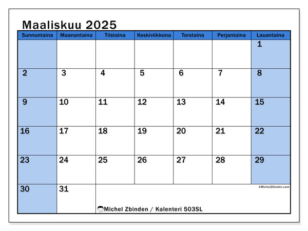 Kalenteri maaliskuu 2025 “504”. Ilmainen tulostettava lehti.. Sunnuntaista lauantaihin
