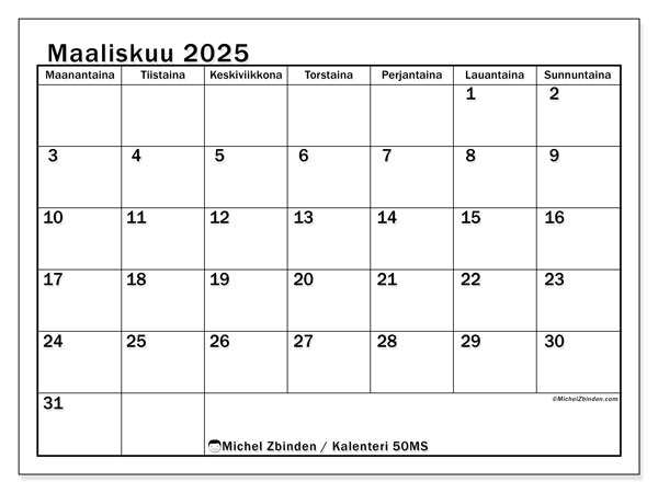 Kalenteri maaliskuu 2025 “50”. Ilmainen tulostettava kartta.. Maanantaista sunnuntaihin