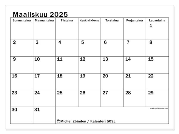 Kalenteri maaliskuu 2025 “50”. Ilmainen tulostettava kalenteri.. Sunnuntaista lauantaihin