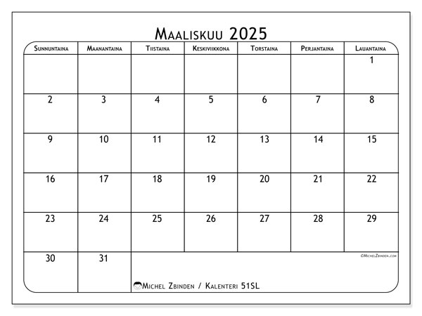 Kalenteri maaliskuu 2025 “51”. Ilmainen tulostettava ohjelma.. Sunnuntaista lauantaihin