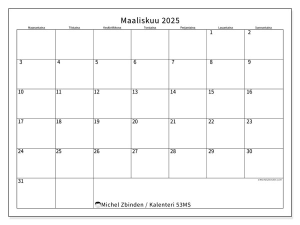 Kalenteri maaliskuu 2025 “53”. Ilmainen tulostettava kartta.. Maanantaista sunnuntaihin