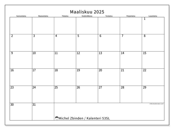 Kalenteri maaliskuu 2025 “53”. Ilmainen tulostettava kartta.. Sunnuntaista lauantaihin