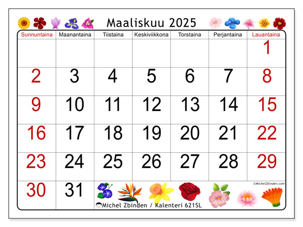 Tulostettava kalenteri, maaliskuu 2025, 621SL
