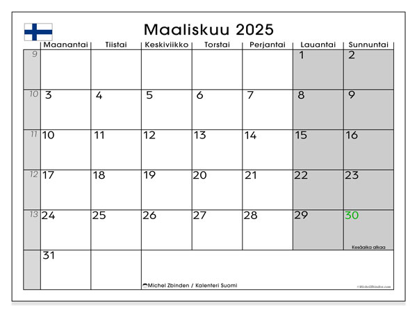 Kalendarz marzec 2025 “Finlandia (FI)”. Darmowy dziennik do druku.. Od poniedziałku do niedzieli