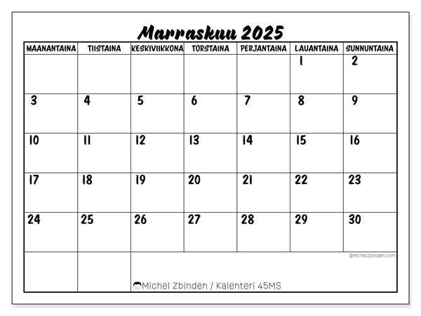 Tulostettava kalenteri, marraskuu 2025, 45MS