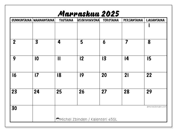 Tulostettava kalenteri, marraskuu 2025, 45SL