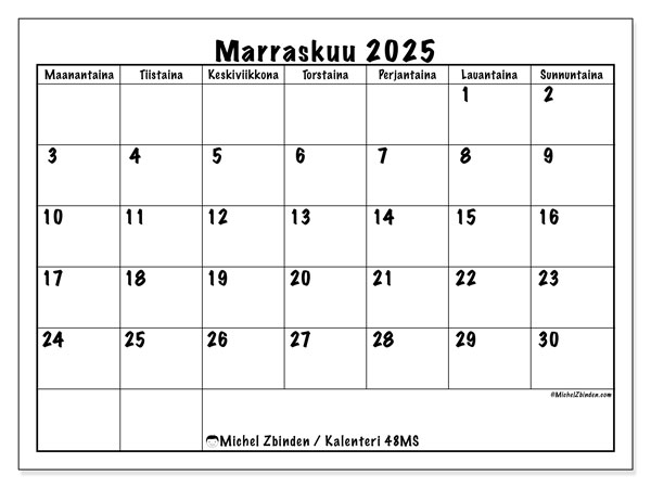 Tulostettava kalenteri, marraskuu 2025, 48MS