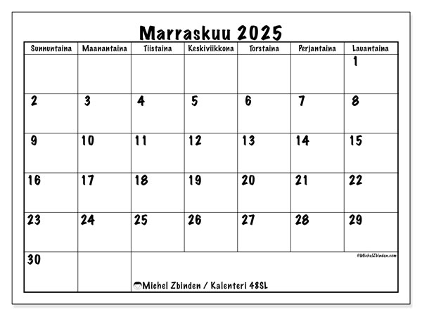 Tulostettava kalenteri, marraskuu 2025, 48SL