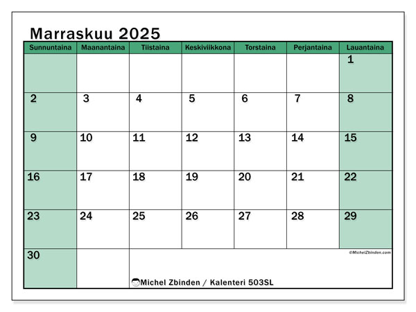 Tulostettava kalenteri, marraskuu 2025, 503SL
