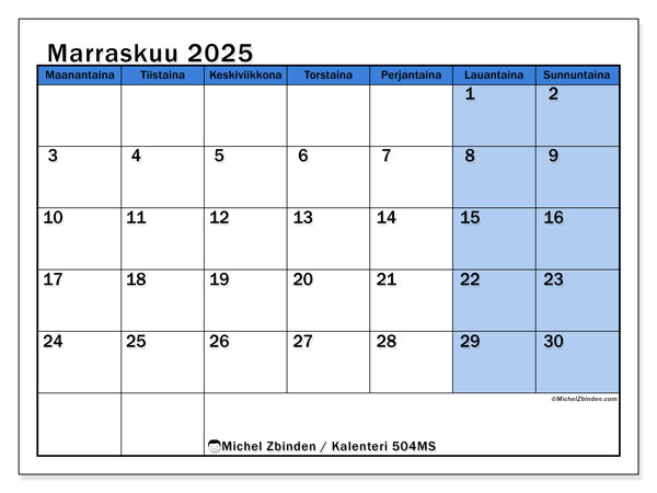 Tulostettava kalenteri, marraskuu 2025, 504MS