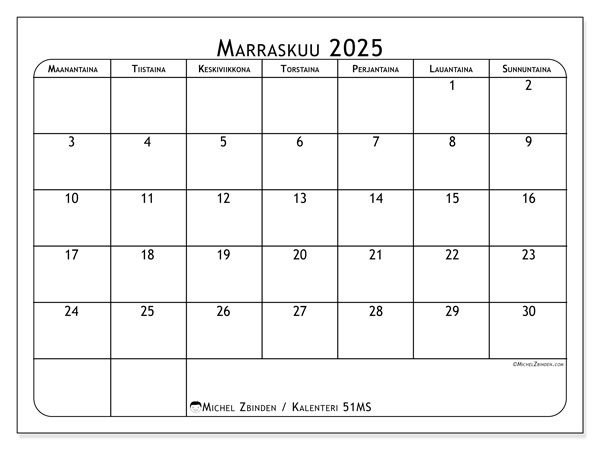 Tulostettava kalenteri, marraskuu 2025, 51MS