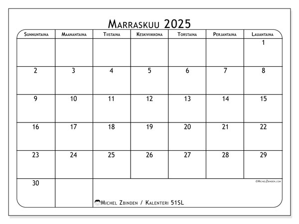 Tulostettava kalenteri, marraskuu 2025, 51SL