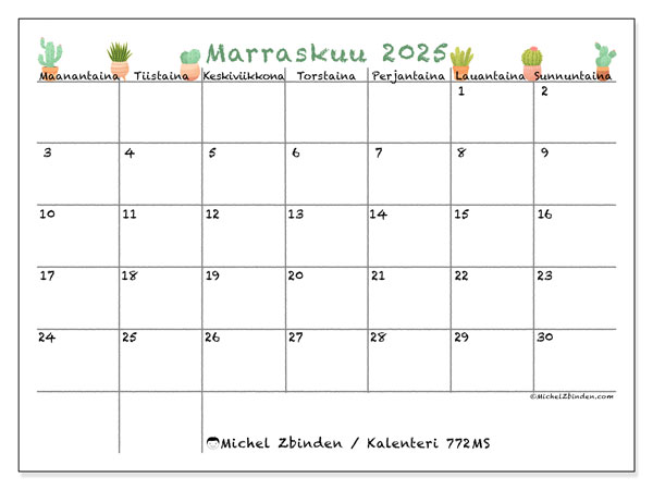Tulostettava kalenteri, marraskuu 2025, 772MS