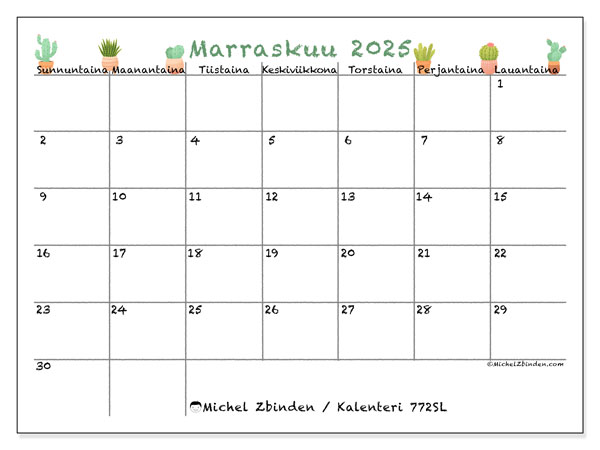 Tulostettava kalenteri, marraskuu 2025, 772SL
