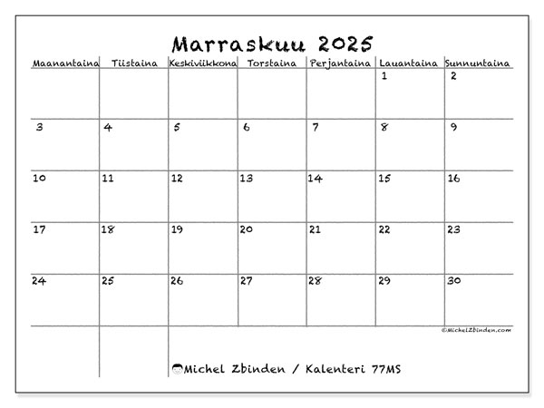 Tulostettava kalenteri, marraskuu 2025, 77MS
