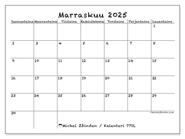 Tulostettava kalenteri, marraskuu 2025, 77SL