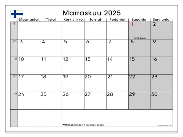 Kalendarz do druku, listopad 2025, Finlandia (FI)