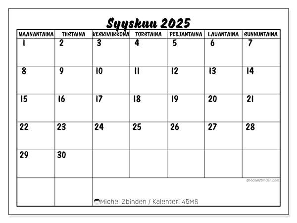 Tulostettava kalenteri, syyskuu 2025, 45MS