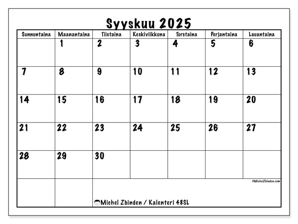 Tulostettava kalenteri, syyskuu 2025, 48SL