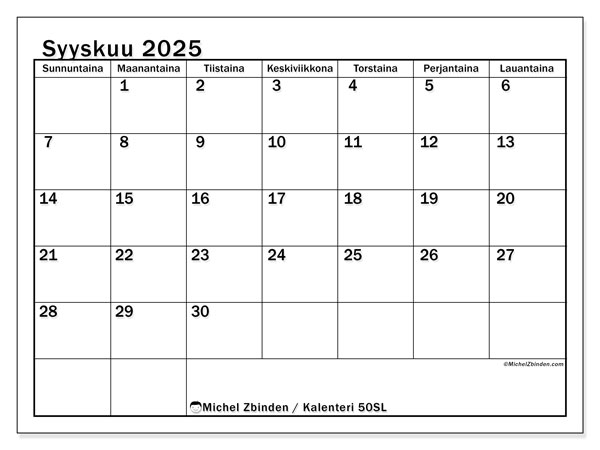 Tulostettava kalenteri, syyskuu 2025, 50SL