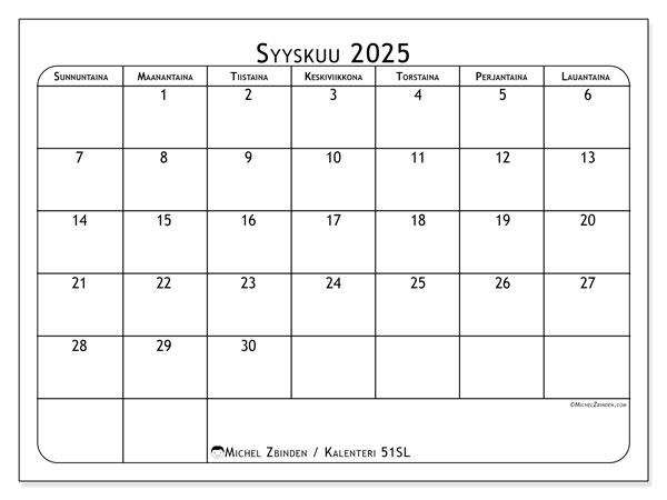 Tulostettava kalenteri, syyskuu 2025, 51SL