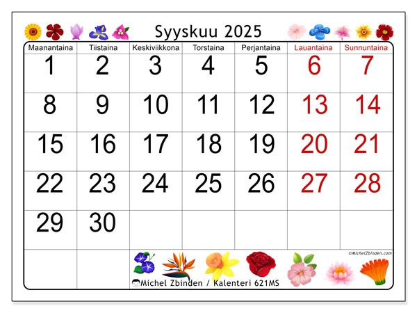 Tulostettava kalenteri, syyskuu 2025, 621MS